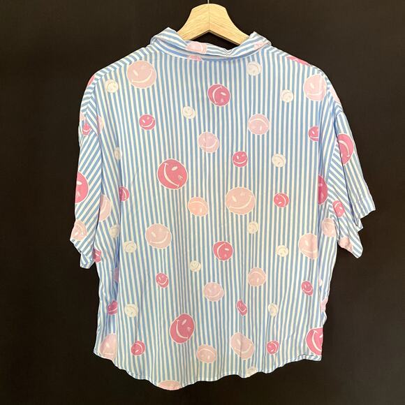 Joe Boxer Sleepwear women's XL rayon short sleeved button down blue smiley face - Picture 6 of 6